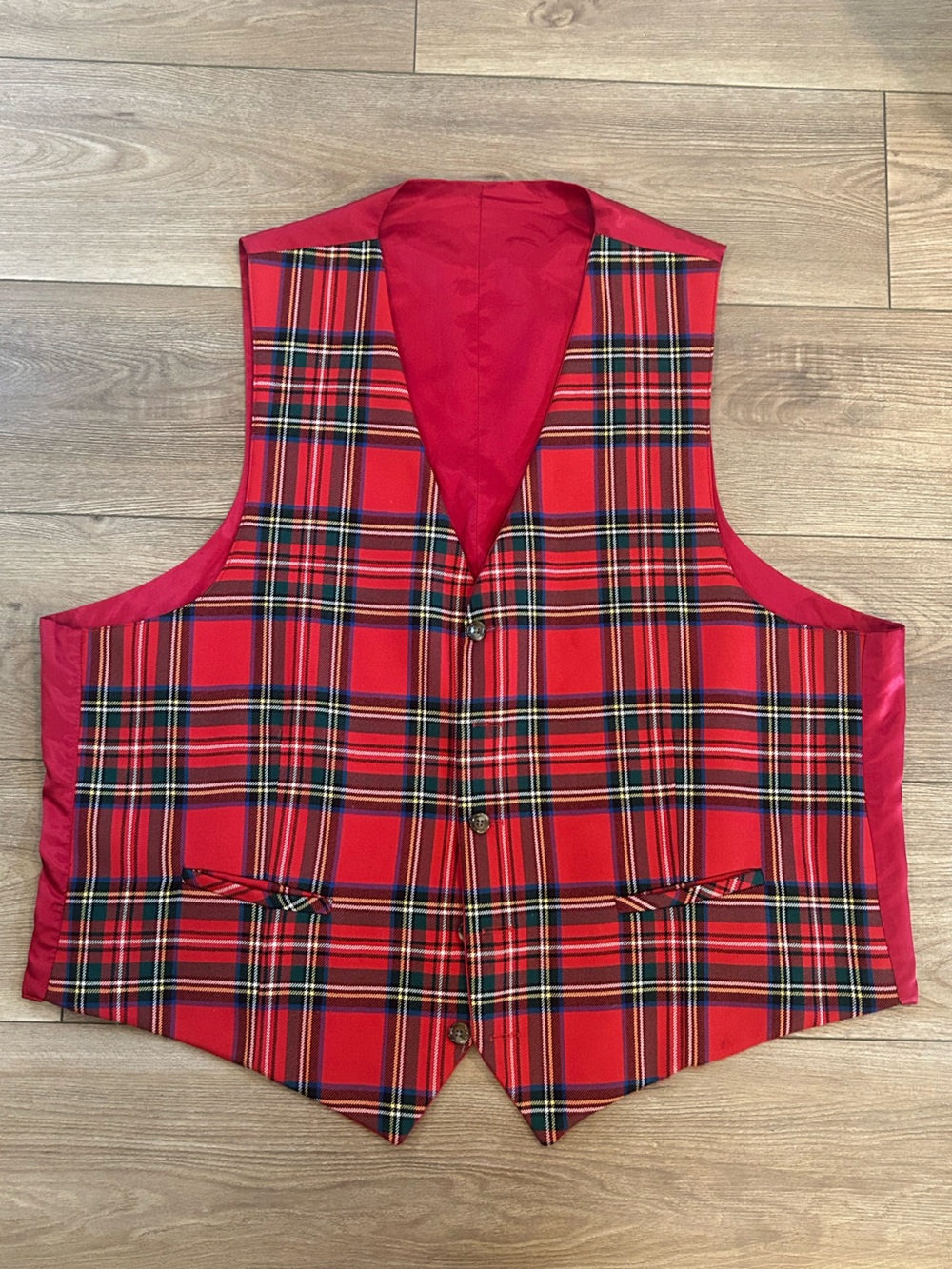 Vintage Reversible Red Tartan Plaid 100% Worsted Wool Vest 48 Long